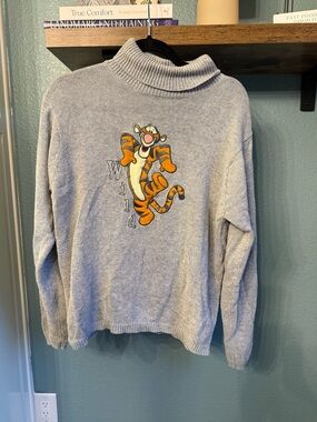 Vintage Disney Tigger Sweater Gray Turtleneck Embroidered Pooh Knit Pullover